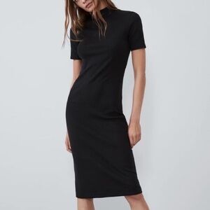 Zara Black Mock Neck Short Sleeve Midi Dress